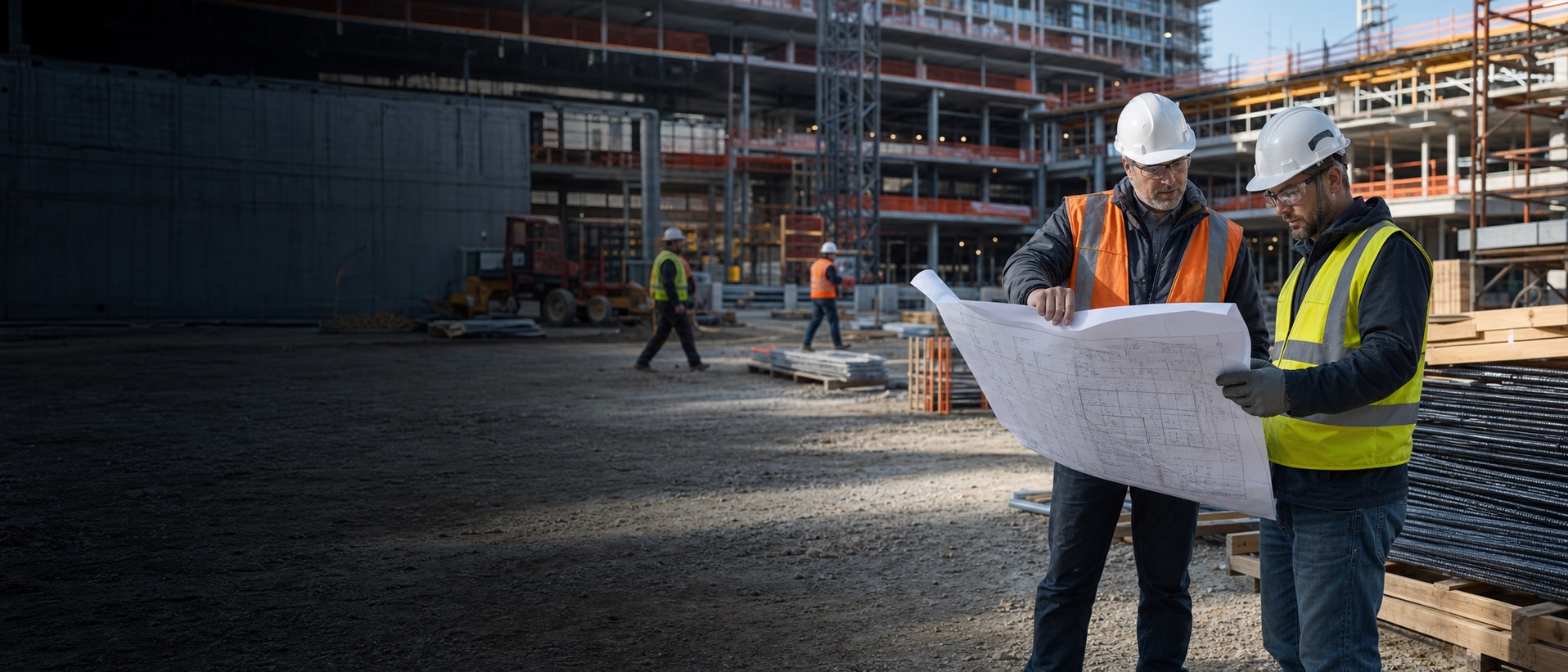 Construction managers reviewing plans on an active commercial project